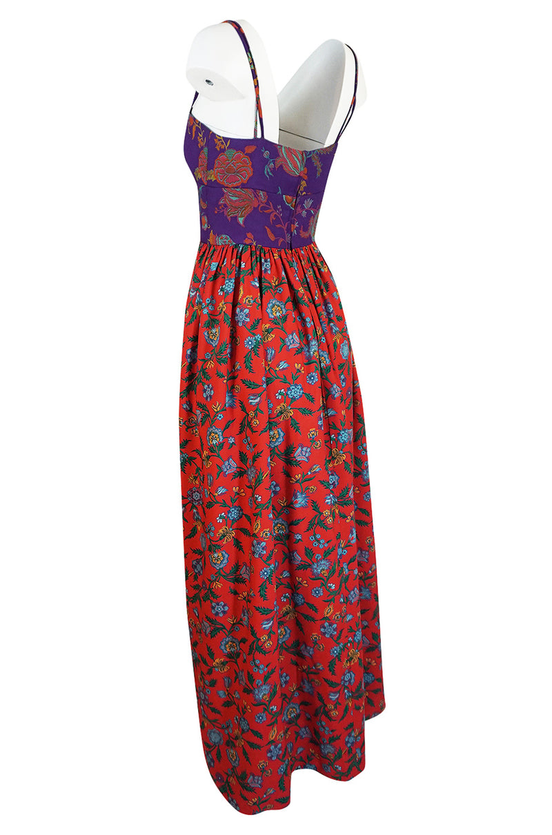 1970s Mollie Parnis Corset Front Purple & Red Floral Print Dress