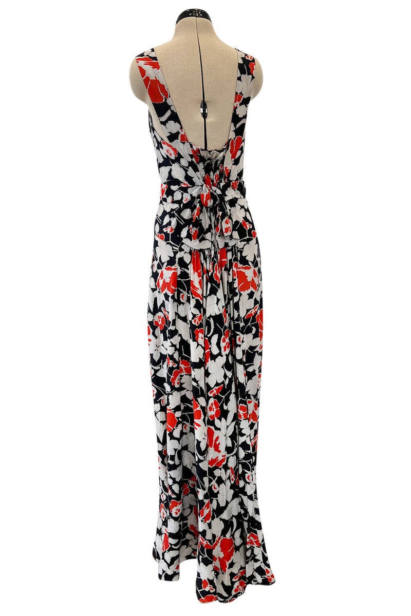 Stunning 1930s Coral, Black & Pale Grey Floral Silk Print Bias Cut Backless Dress
