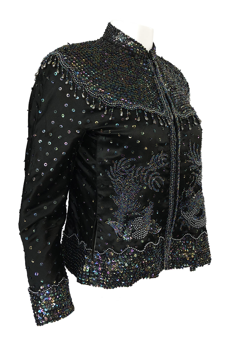 1980s Jenny Lewis Iridescent Beaded & Sequinned Black Silk Jacket