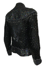 1980s Jenny Lewis Iridescent Beaded & Sequinned Black Silk Jacket