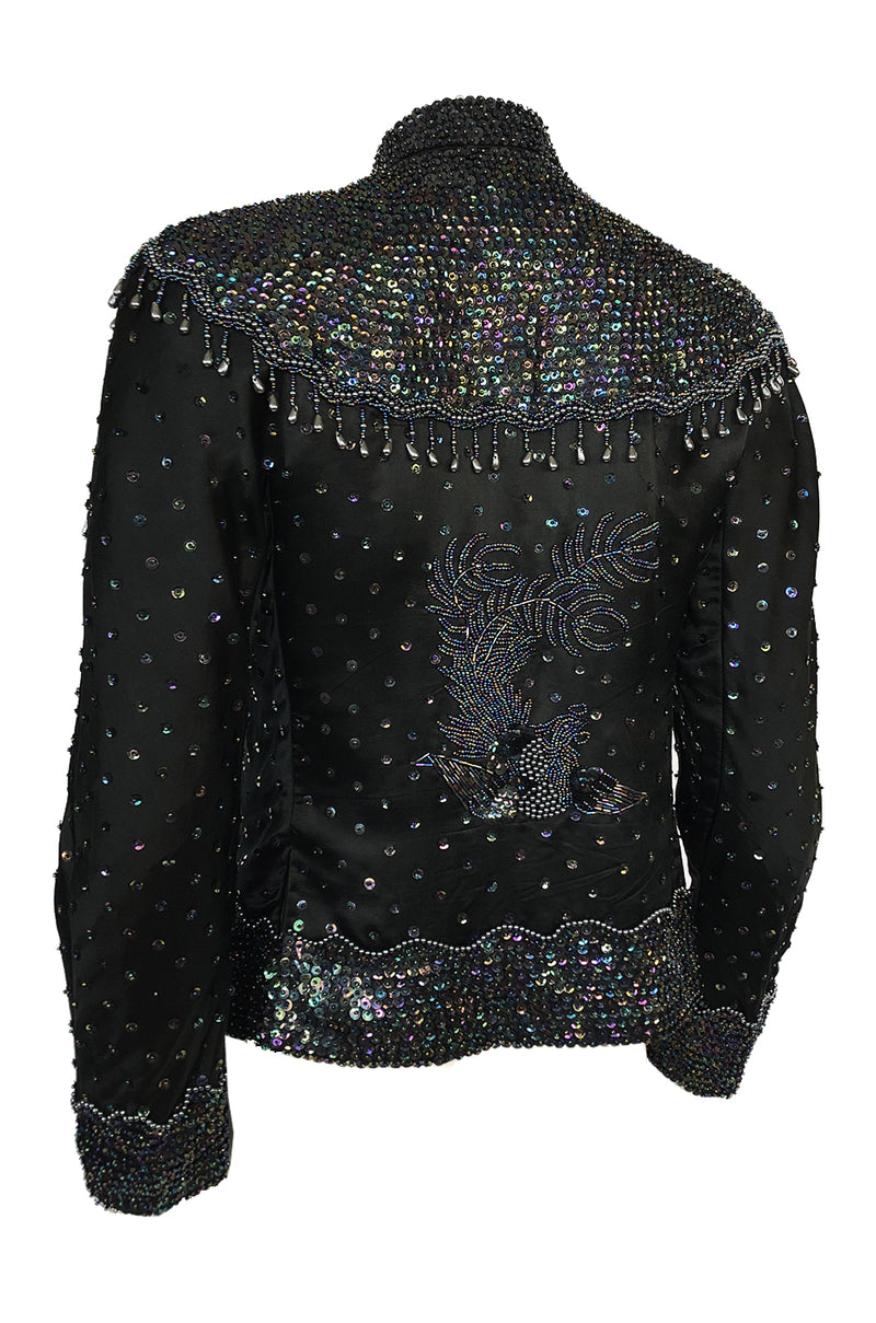 1980s Jenny Lewis Iridescent Beaded & Sequinned Black Silk Jacket