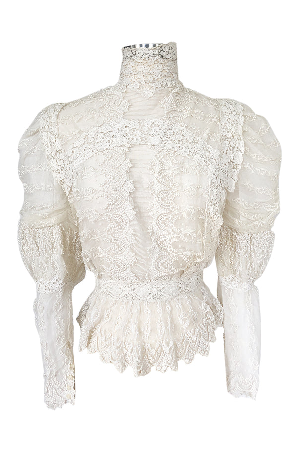 c1900s 3D White Embroidered Lace on Fine Silk Net Top w Elaborate Sleeves