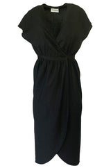 Chic 1970s Halston Light Linen-Silk Wrap Plunge Black Dress