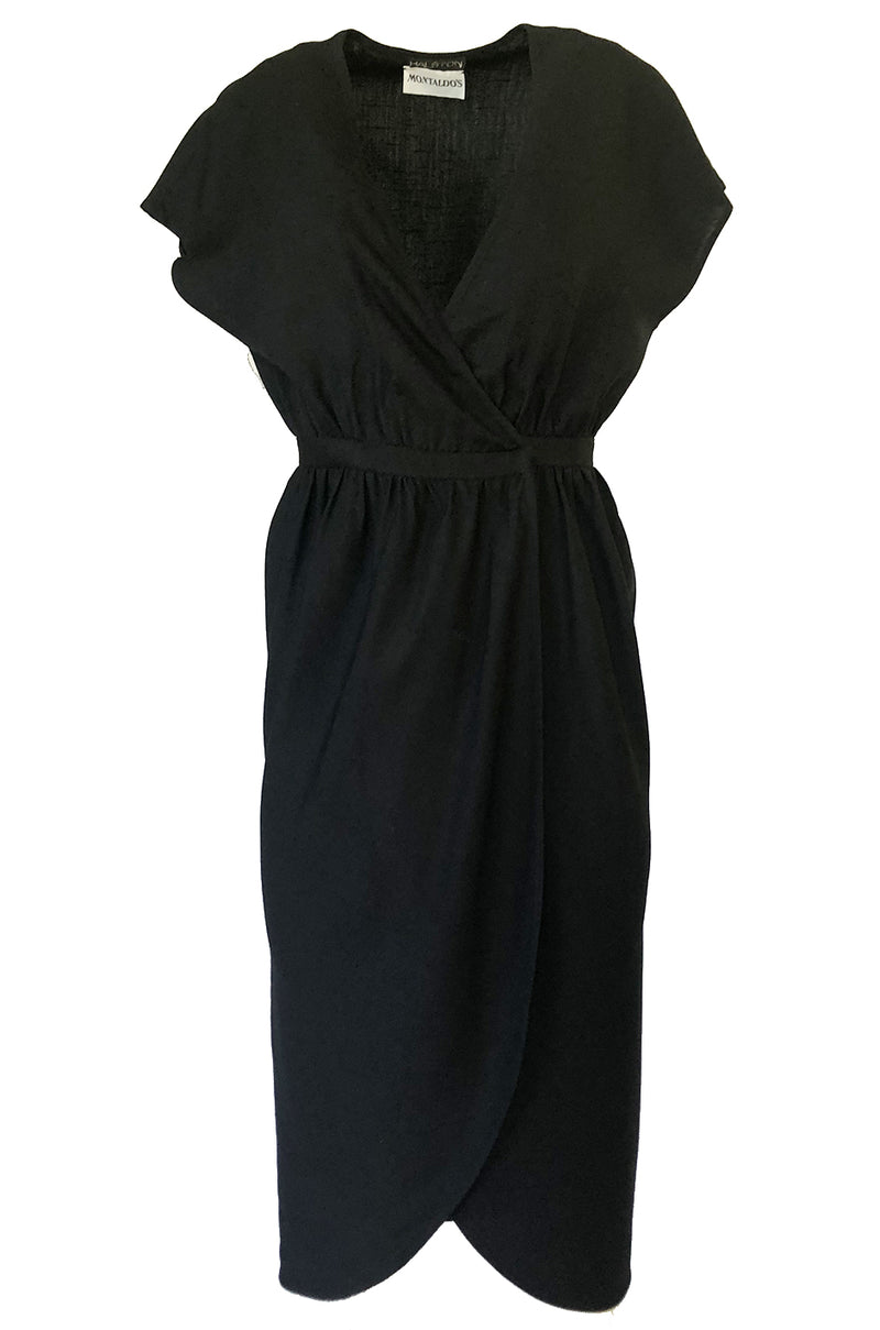 Chic 1970s Halston Light Linen-Silk Wrap Plunge Black Dress