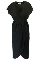 Chic 1970s Halston Light Linen-Silk Wrap Plunge Black Dress