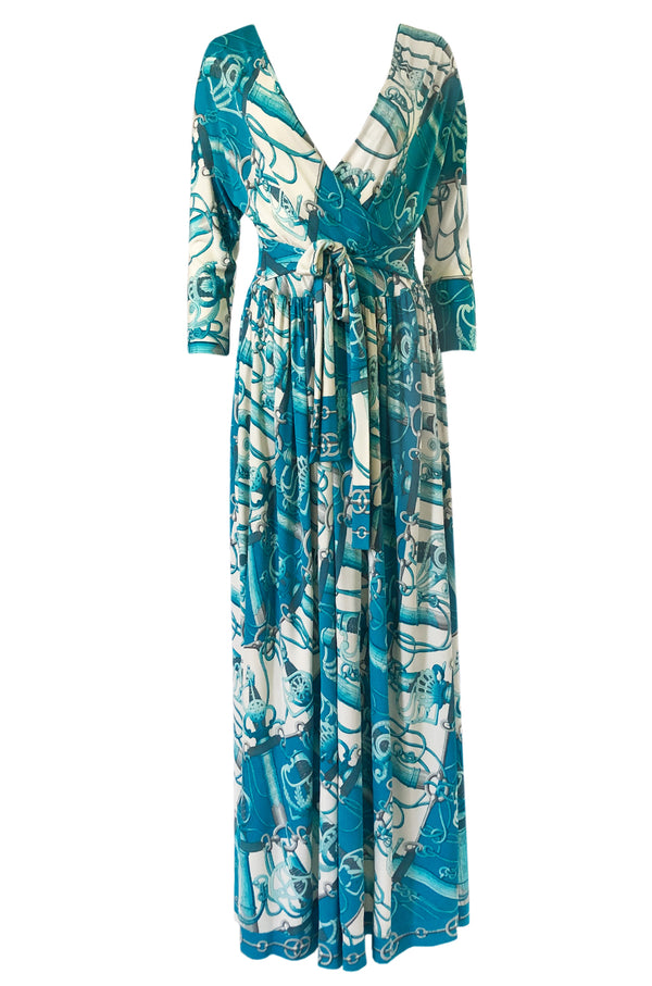 Rare 1972 Hermes 'Cliquetis' by Julia Abadi Printed Turquoise Silk Jersey Dress