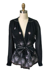 1970s Janice Wainwright Embroidered Peacock Feather Chiffon Wrap Top
