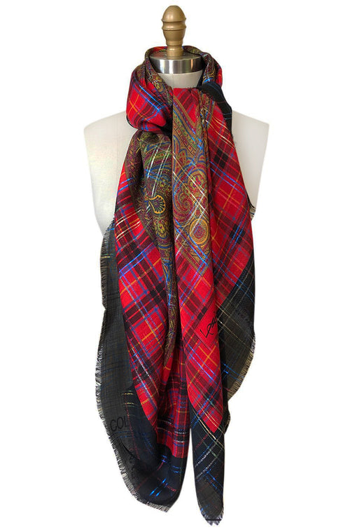 Huge 1970s Yves Saint Laurent Metallic Plaid & Paisley Fine Silk Wool Scarf