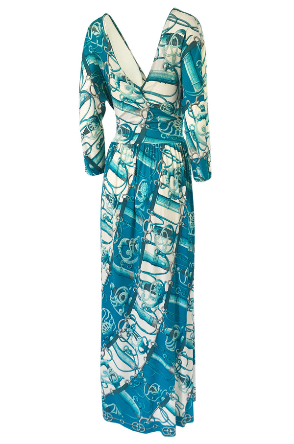 Rare 1972 Hermes 'Cliquetis' by Julia Abadi Printed Turquoise Silk Jersey Dress