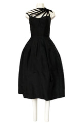 1950s Oleg Cassini Couture Black Silk Full Skirted Dress w Unusual Neckline