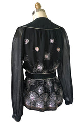 1970s Janice Wainwright Embroidered Peacock Feather Chiffon Wrap Top