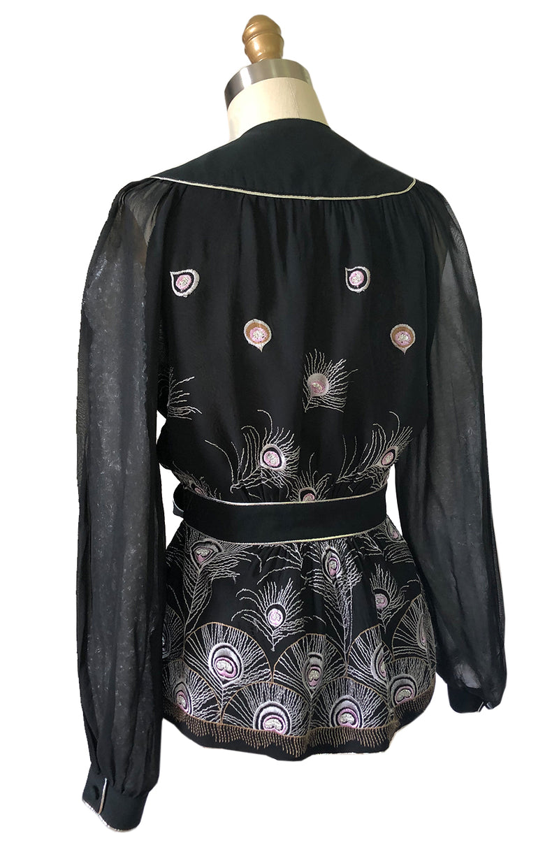 1970s Janice Wainwright Embroidered Peacock Feather Chiffon Wrap Top