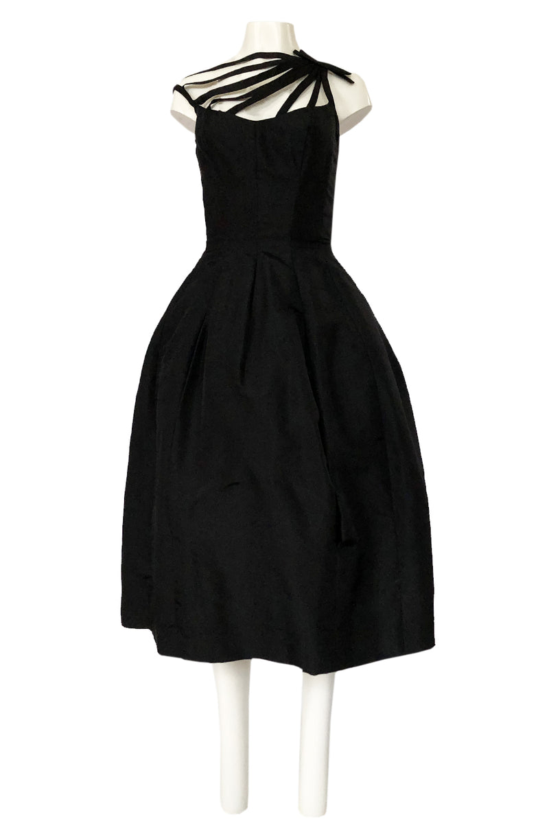 1950s Oleg Cassini Couture Black Silk Full Skirted Dress w Unusual Neckline