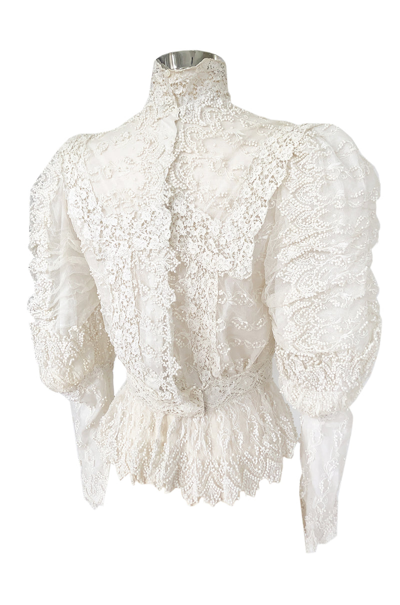 c1900s 3D White Embroidered Lace on Fine Silk Net Top w Elaborate Sleeves
