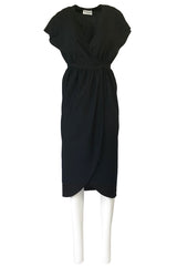 Chic 1970s Halston Light Linen-Silk Wrap Plunge Black Dress