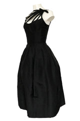 1950s Oleg Cassini Couture Black Silk Full Skirted Dress w Unusual Neckline