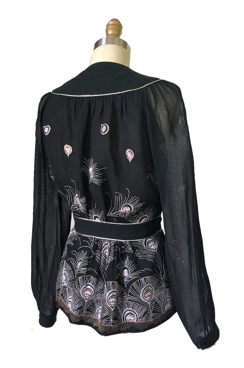 1970s Janice Wainwright Embroidered Peacock Feather Chiffon Wrap Top