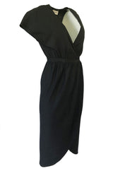 Chic 1970s Halston Light Linen-Silk Wrap Plunge Black Dress