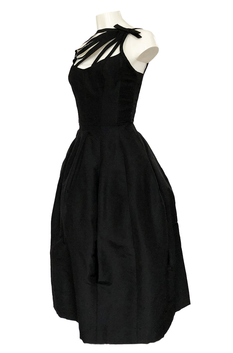 1950s Oleg Cassini Couture Black Silk Full Skirted Dress w Unusual Neckline