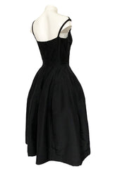 1950s Oleg Cassini Couture Black Silk Full Skirted Dress w Unusual Neckline