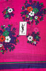 Huge 1970s Yves Saint Laurent Pink & Green Floral Cotton and Silk Scarf
