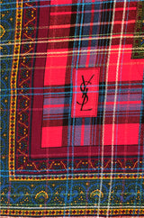 Huge 1970s Yves Saint Laurent Metallic Paisley & Plaid Fine Silk Wool Scarf