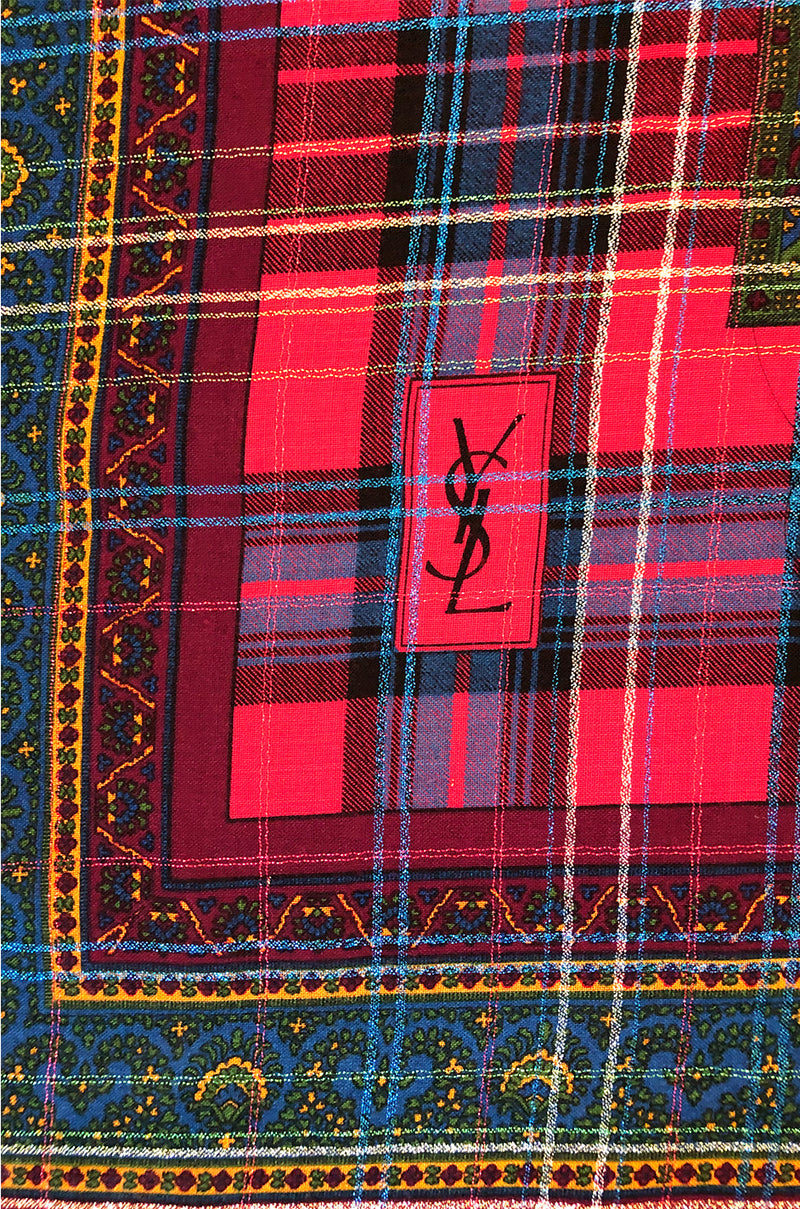 Huge 1970s Yves Saint Laurent Metallic Paisley & Plaid Fine Silk Wool Scarf