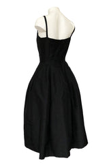 1950s Oleg Cassini Couture Black Silk Full Skirted Dress w Unusual Neckline