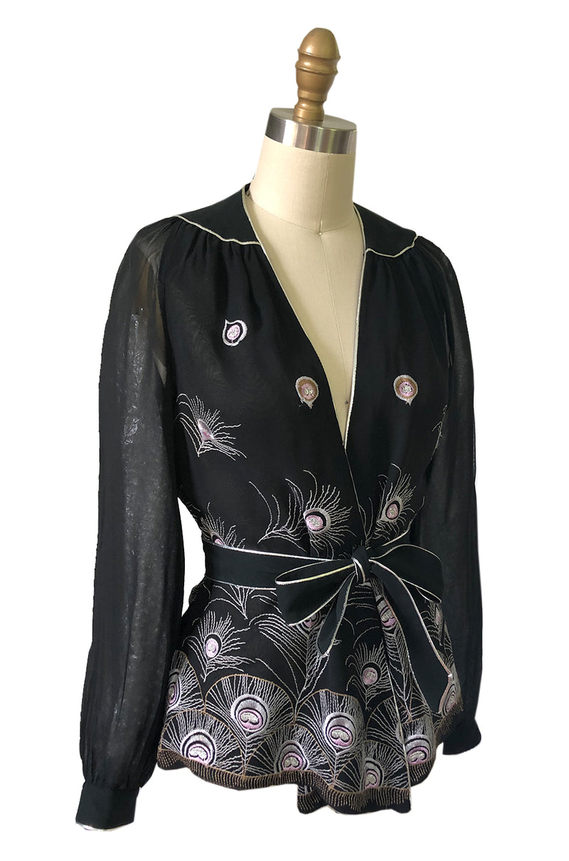 1970s Janice Wainwright Embroidered Peacock Feather Chiffon Wrap Top