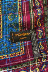 Huge 1970s Yves Saint Laurent Metallic Paisley & Plaid Fine Silk Wool Scarf