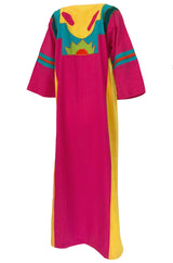 1960s Josefa Vibrant Pink and Primary Color Cotton Caftan Dress