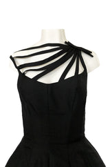 1950s Oleg Cassini Couture Black Silk Full Skirted Dress w Unusual Neckline