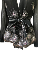 1970s Janice Wainwright Embroidered Peacock Feather Chiffon Wrap Top