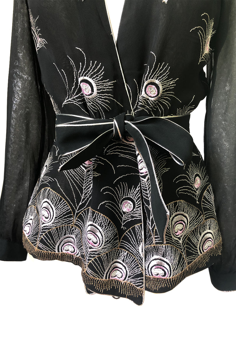 1970s Janice Wainwright Embroidered Peacock Feather Chiffon Wrap Top