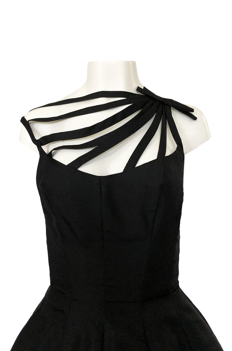 1950s Oleg Cassini Couture Black Silk Full Skirted Dress w Unusual Neckline