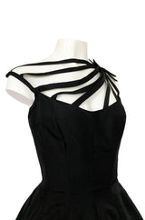 1950s Oleg Cassini Couture Black Silk Full Skirted Dress w Unusual Neckline