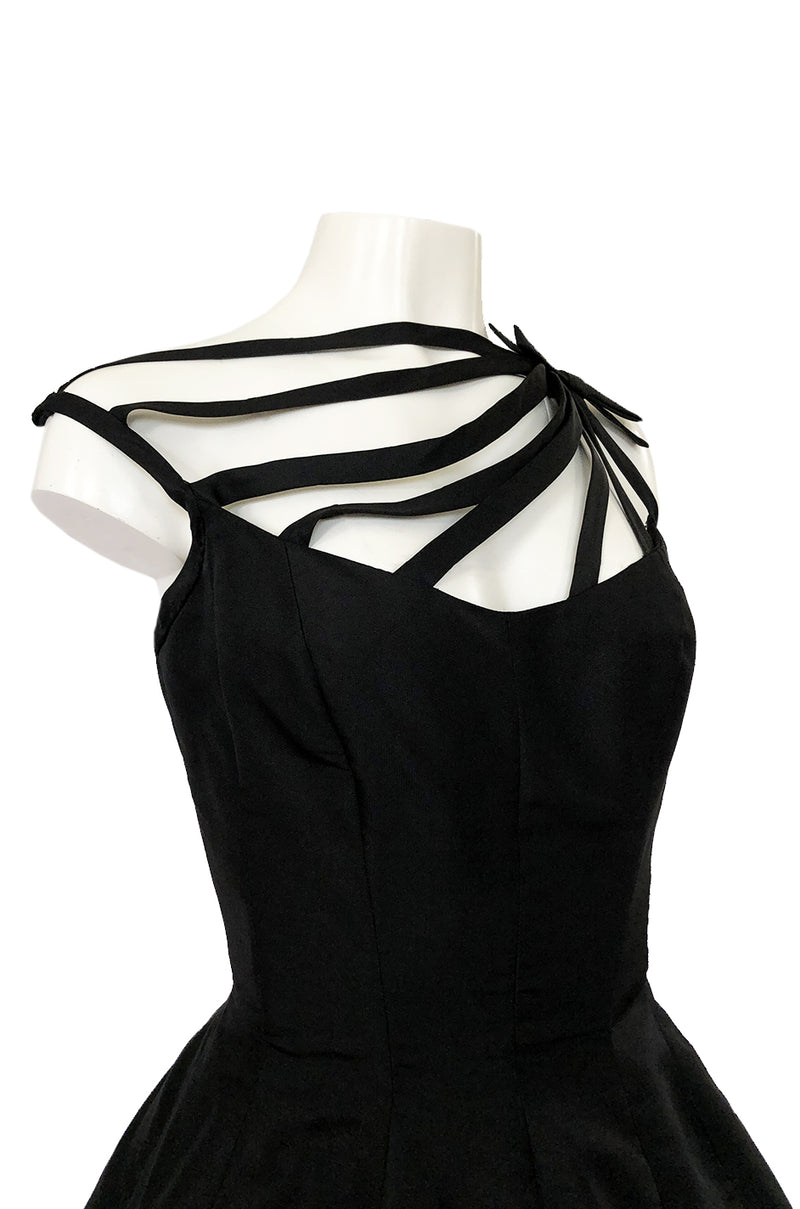 1950s Oleg Cassini Couture Black Silk Full Skirted Dress w Unusual Neckline