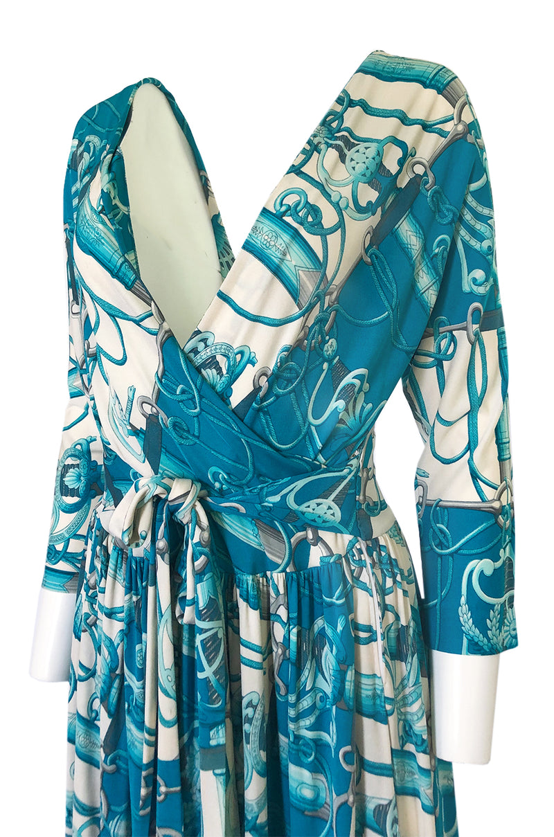 Rare 1972 Hermes 'Cliquetis' by Julia Abadi Printed Turquoise Silk Jersey Dress