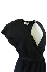 Chic 1970s Halston Light Linen-Silk Wrap Plunge Black Dress