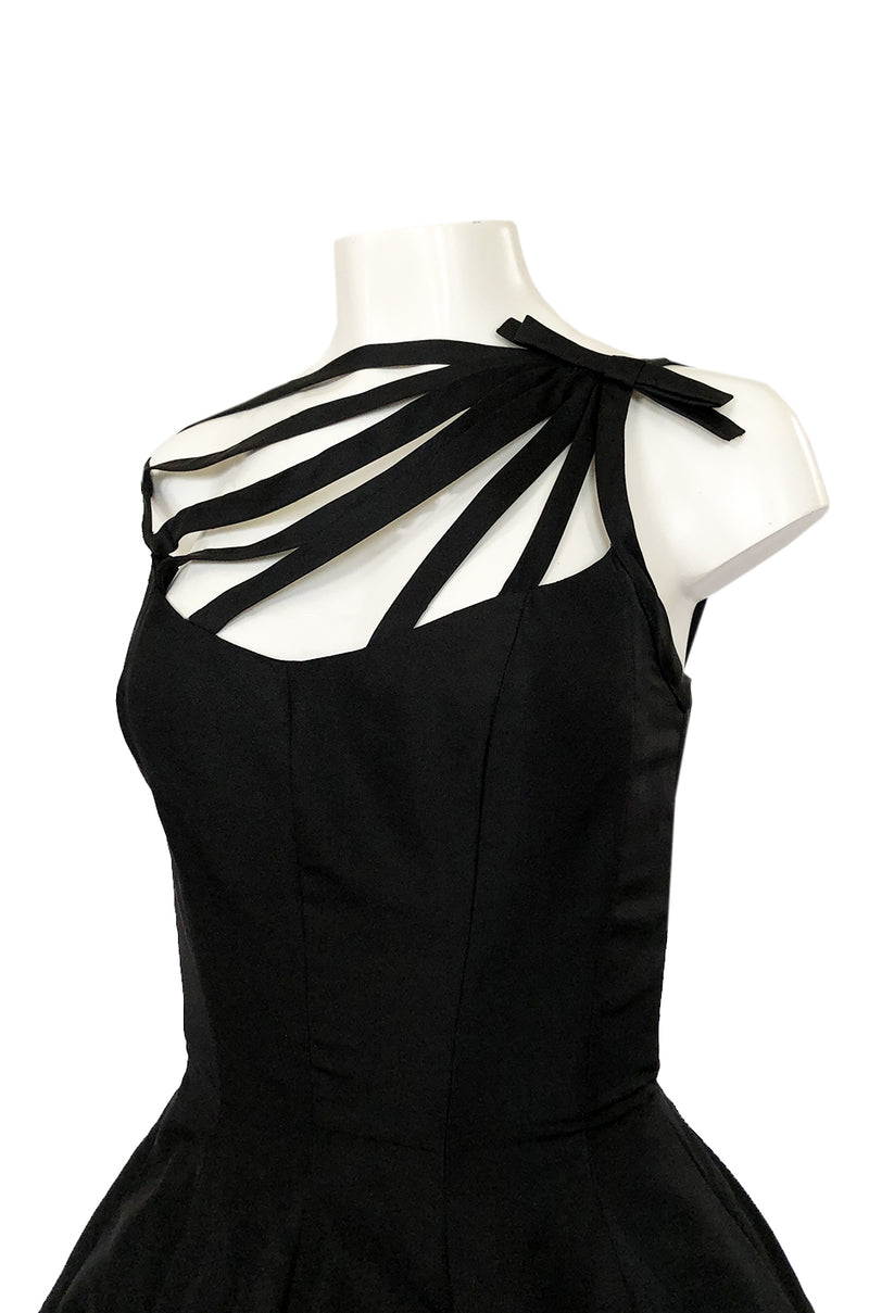 1950s Oleg Cassini Couture Black Silk Full Skirted Dress w Unusual Neckline