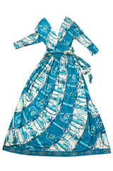 Rare 1972 Hermes 'Cliquetis' by Julia Abadi Printed Turquoise Silk Jersey Dress