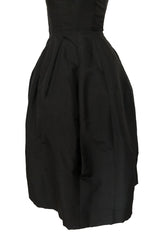1950s Oleg Cassini Couture Black Silk Full Skirted Dress w Unusual Neckline