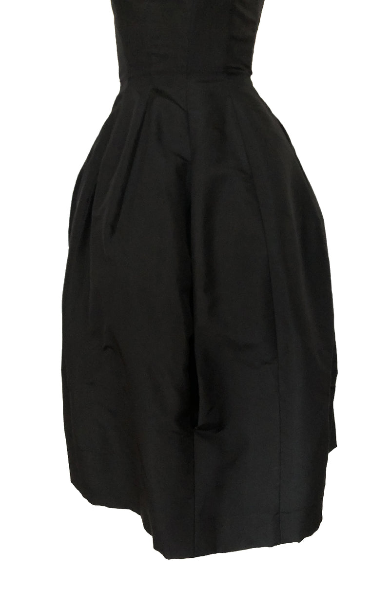 1950s Oleg Cassini Couture Black Silk Full Skirted Dress w Unusual Neckline