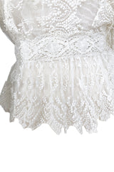 c1900s 3D White Embroidered Lace on Fine Silk Net Top w Elaborate Sleeves