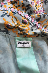1990s Chanel Logo Printed Blue Silk Dress w Pink & Blue Floral Ribbon Trim