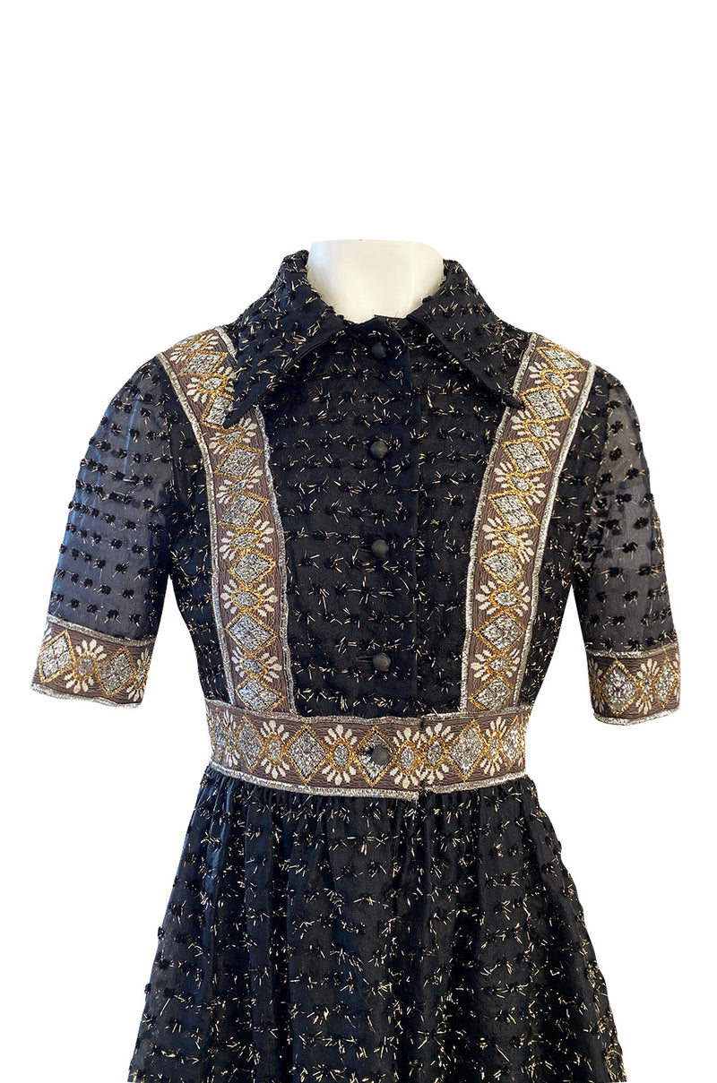 Late 1960s Oscar De La Renta Gold Metallic Eyelash Silk Organza Dress w Silver Metallic Detailing