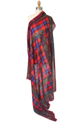 Huge 1970s Yves Saint Laurent Metallic Paisley & Plaid Fine Silk Wool Scarf