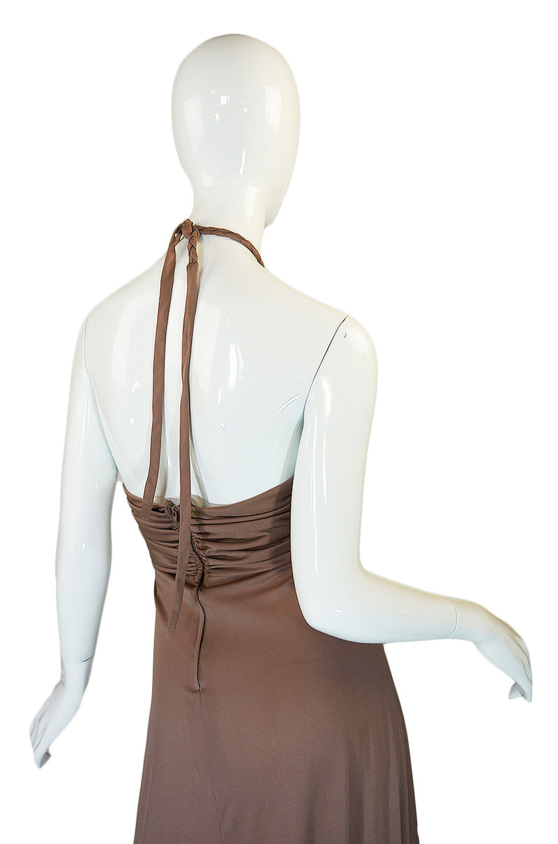 1970s Taupe Jersey Halter Maxi Dress