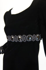 Late 1960s Miss Dior Velvet Midi Dress w Large Bead and Cord Detailing