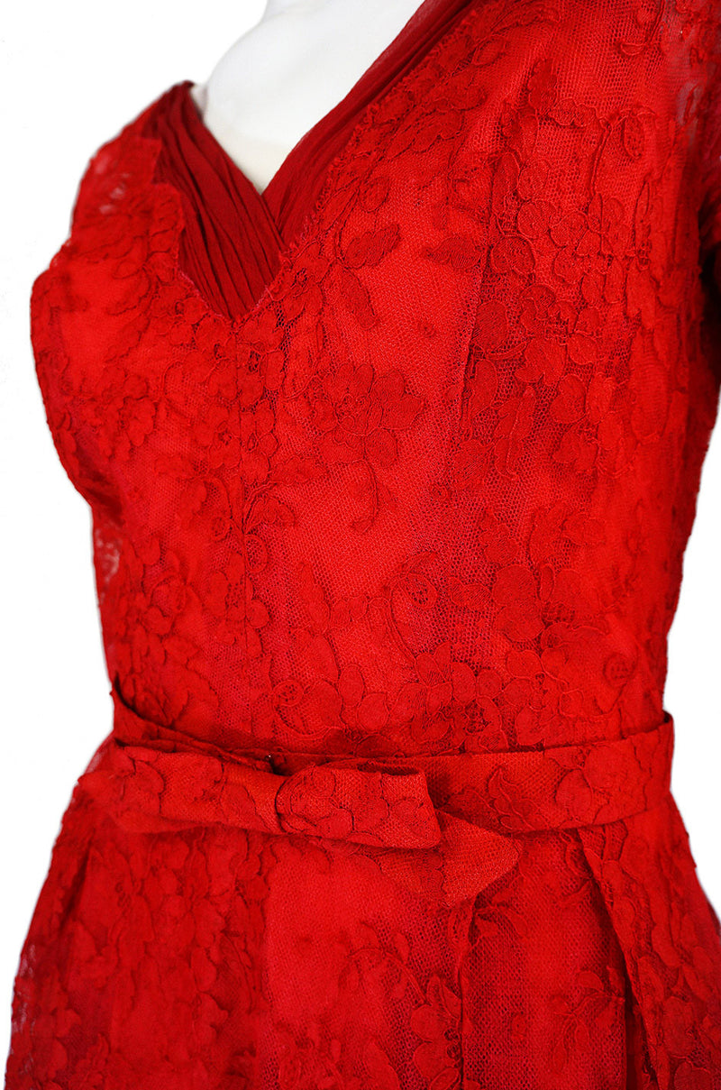 1950s Rare Red Lace Hardy Amies Dress